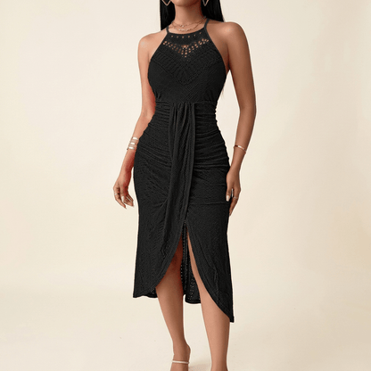 Coralie | Crochet Lace Halter Asymmetric Midi Dress