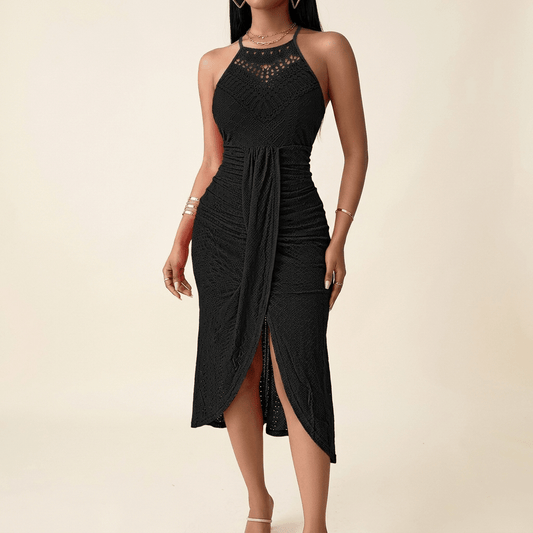 Coralie | Crochet Lace Halter Asymmetric Midi Dress