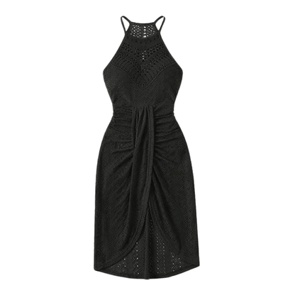 Coralie | Crochet Lace Halter Asymmetric Midi Dress