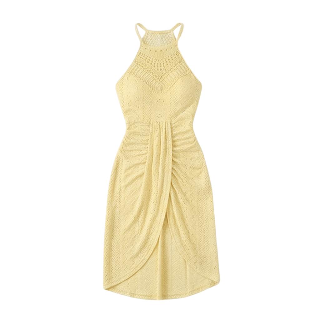Coralie | Crochet Lace Halter Asymmetric Midi Dress