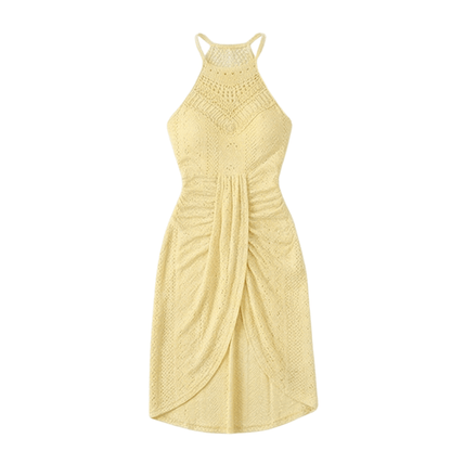 Coralie | Crochet Lace Halter Asymmetric Midi Dress