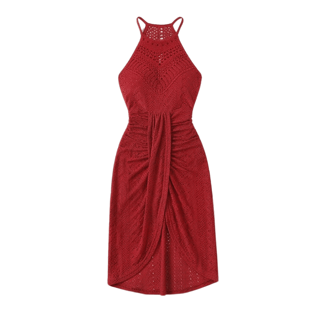 Coralie | Crochet Lace Halter Asymmetric Midi Dress