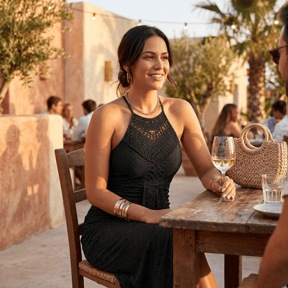 Coralie | Crochet Lace Halter Asymmetric Midi Dress