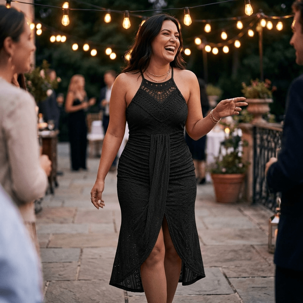 Coralie | Crochet Lace Halter Asymmetric Midi Dress