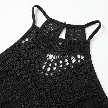 Coralie | Crochet Lace Halter Asymmetric Midi Dress