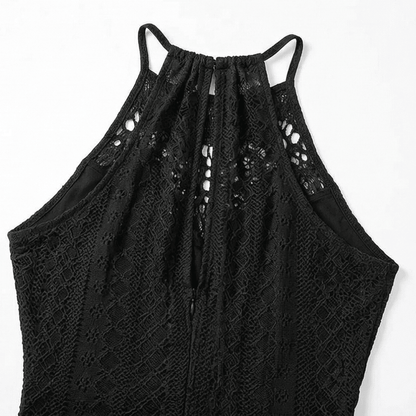 Coralie | Crochet Lace Halter Asymmetric Midi Dress