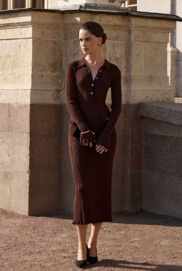 Willa | Ribbed Knit Collared Button-Front Midi Dress