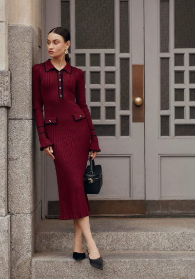 Willa | Ribbed Knit Collared Button-Front Midi Dress