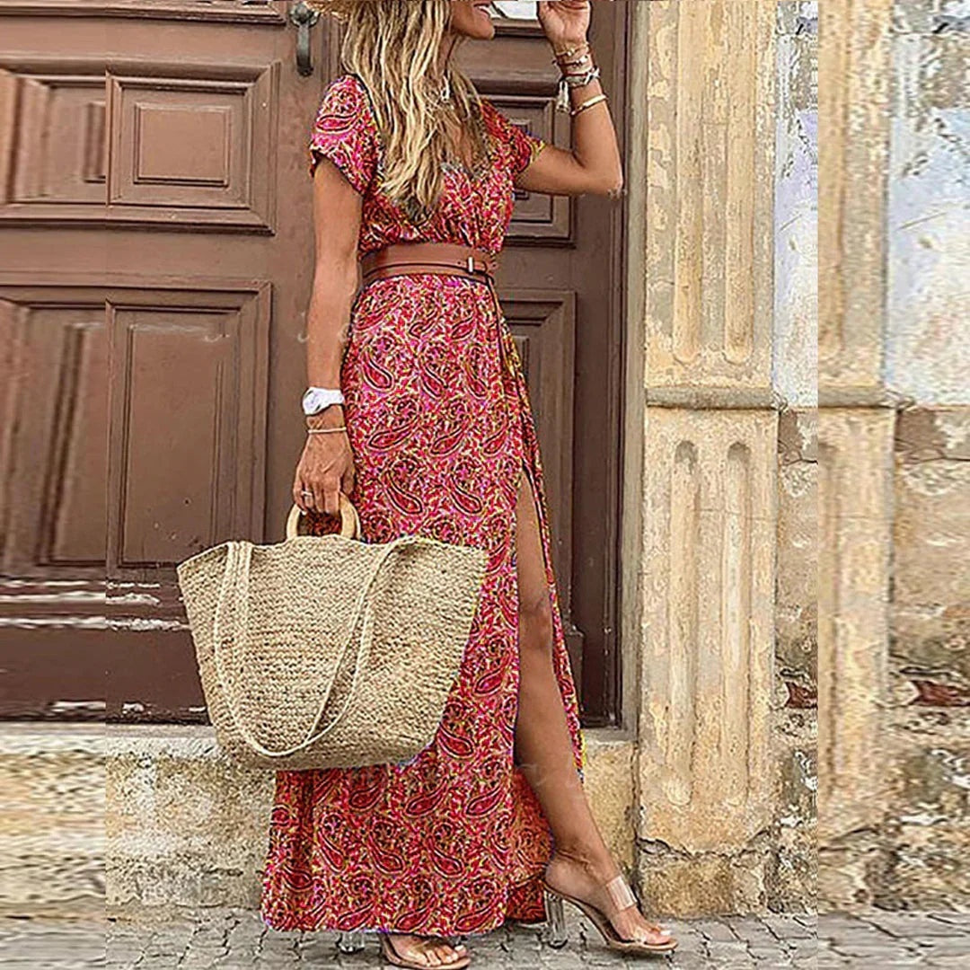 Tess | Women's Belted Floral Print Long Summer Dress