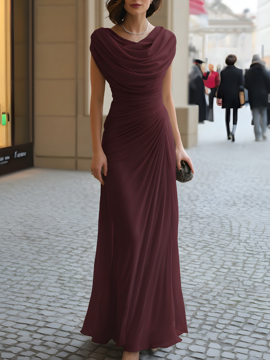 Ruched Cowl Neck Maxi Dress — Flowing Formal Evening Dress