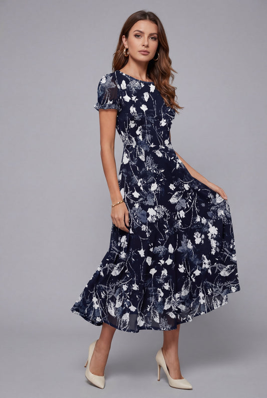 Floral Chiffon Flowy Midi Dress — Short Sleeve Summer Style