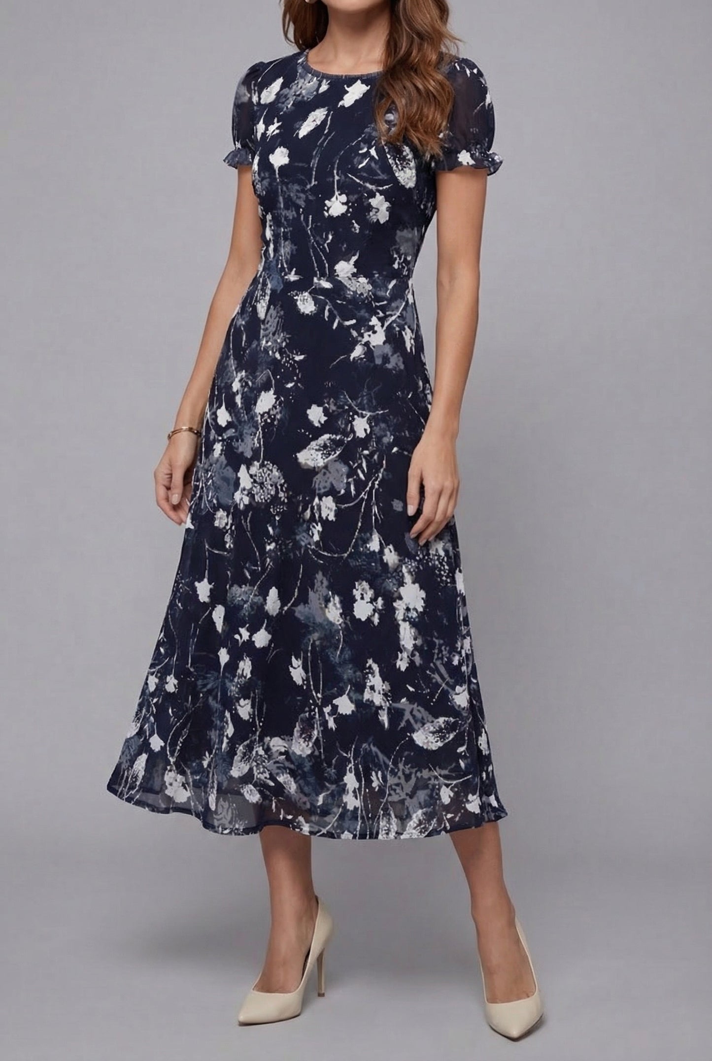Floral Chiffon Flowy Midi Dress — Short Sleeve Summer Style