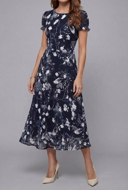 Floral Chiffon Flowy Midi Dress — Short Sleeve Summer Style