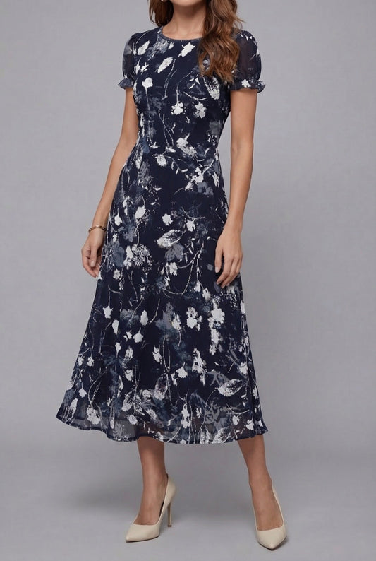Floral Chiffon Flowy Midi Dress — Short Sleeve Summer Style