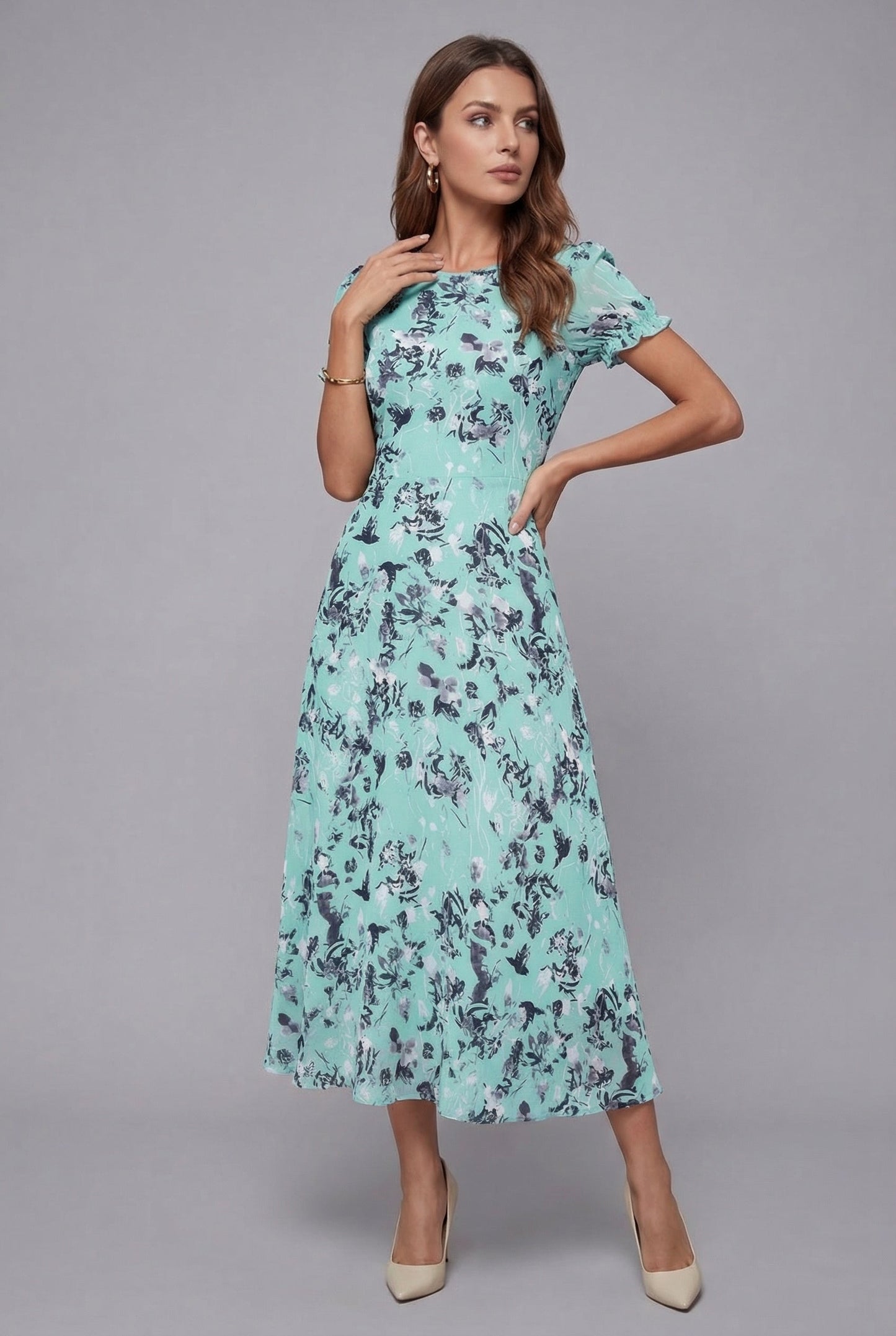 Floral Chiffon Flowy Midi Dress — Short Sleeve Summer Style