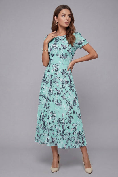 Floral Chiffon Flowy Midi Dress — Short Sleeve Summer Style