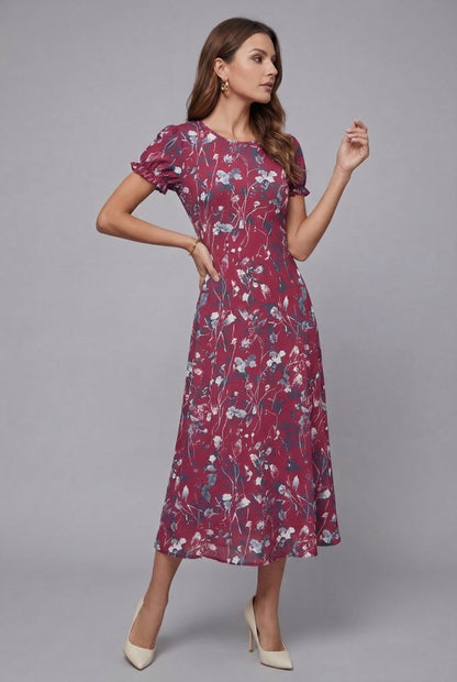 Floral Chiffon Flowy Midi Dress — Short Sleeve Summer Style