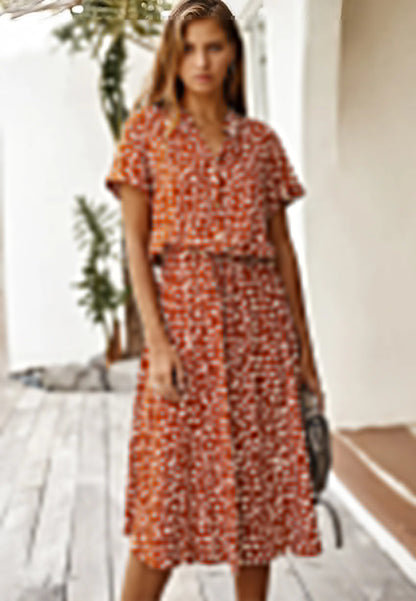 Summara | Printed Short Sleeve Adjustable Waist Casual Midi Dress