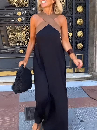 Delara | Two-Tone Crossover Halter Maxi Dress