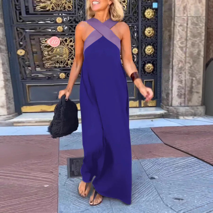 Delara | Two-Tone Crossover Halter Maxi Dress