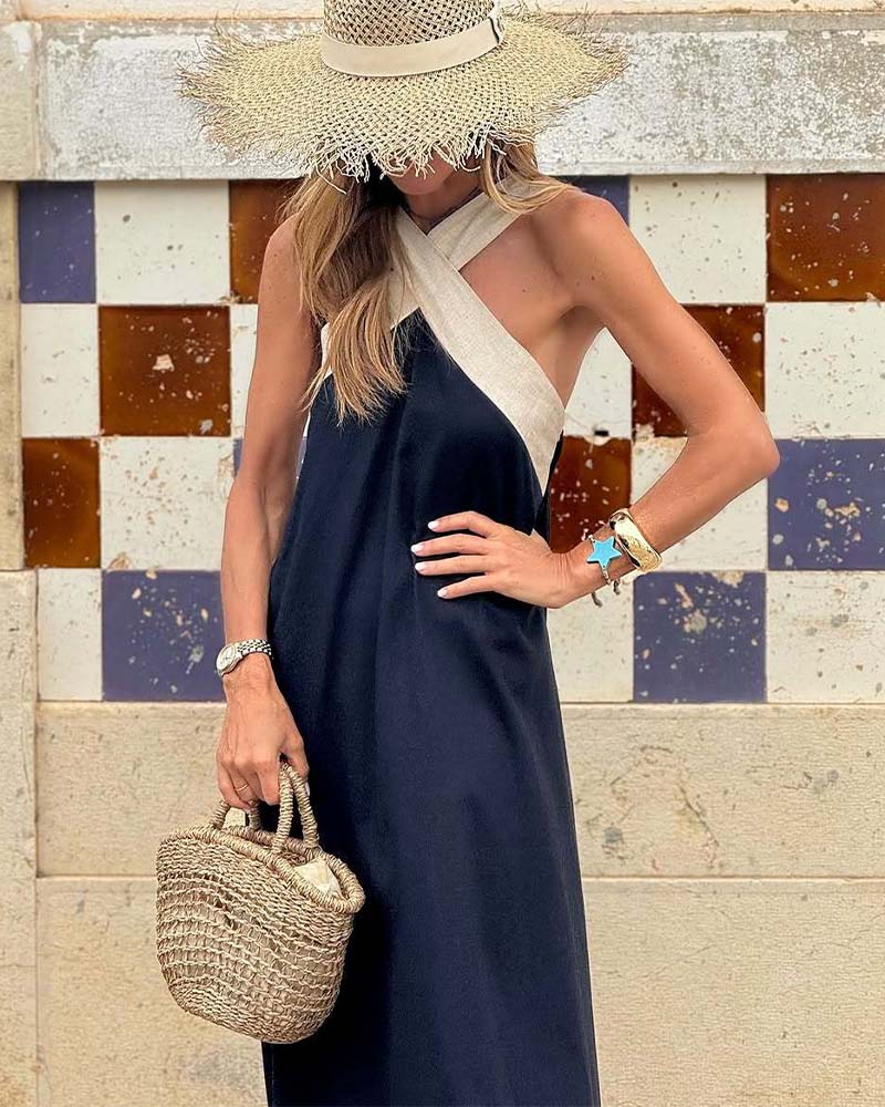Delara | Two-Tone Crossover Halter Maxi Dress