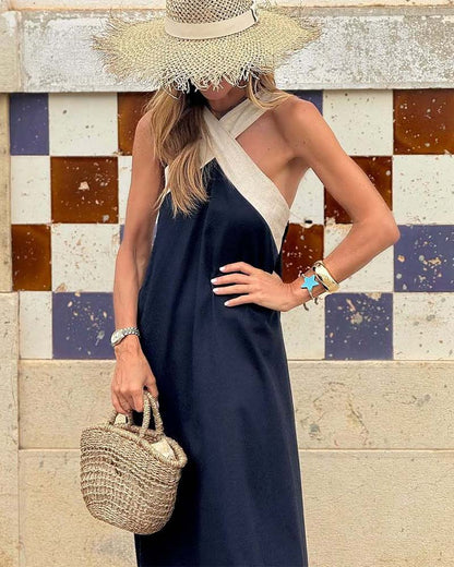 Delara | Two-Tone Crossover Halter Maxi Dress