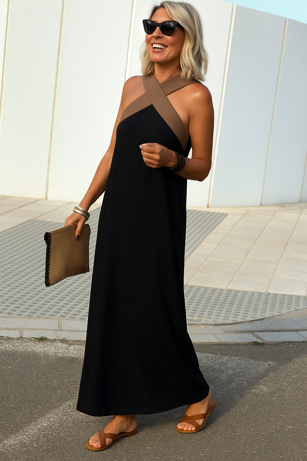 Delara | Two-Tone Crossover Halter Maxi Dress