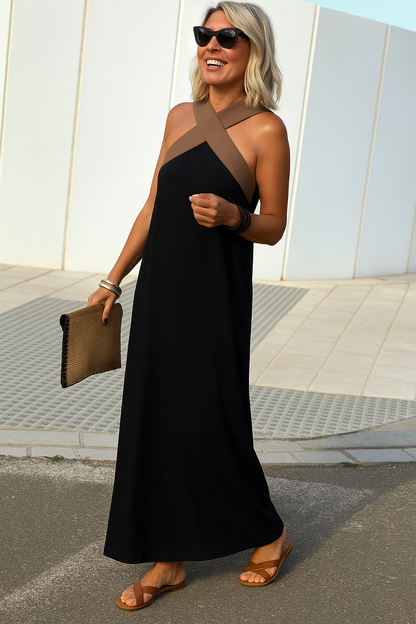 Delara | Two-Tone Crossover Halter Maxi Dress