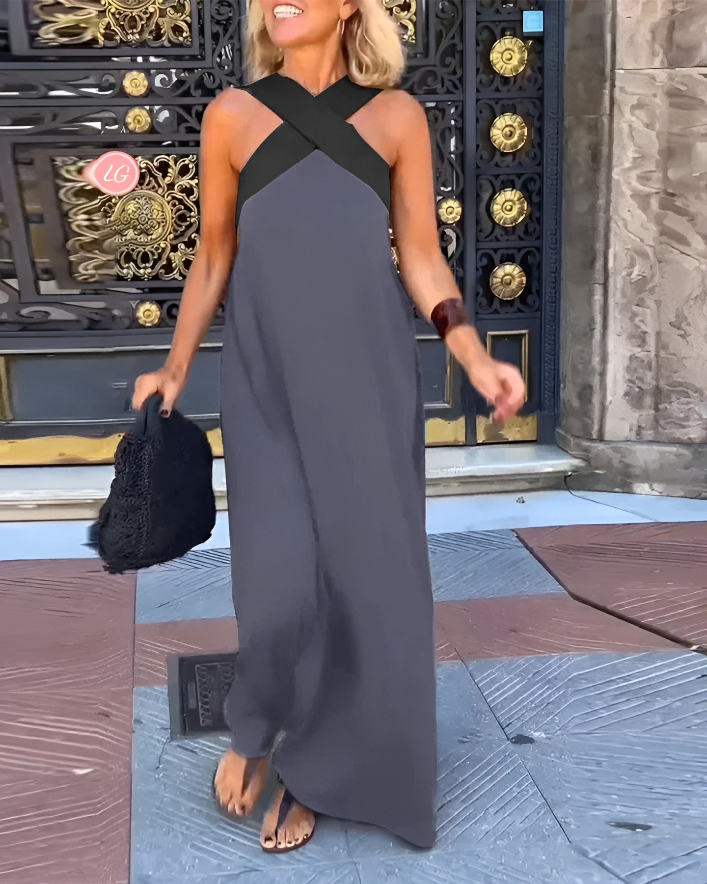 Delara | Two-Tone Crossover Halter Maxi Dress
