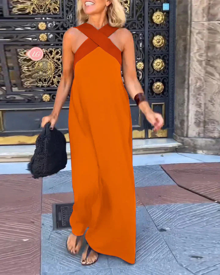 Delara | Two-Tone Crossover Halter Maxi Dress