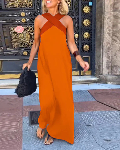 Delara | Two-Tone Crossover Halter Maxi Dress