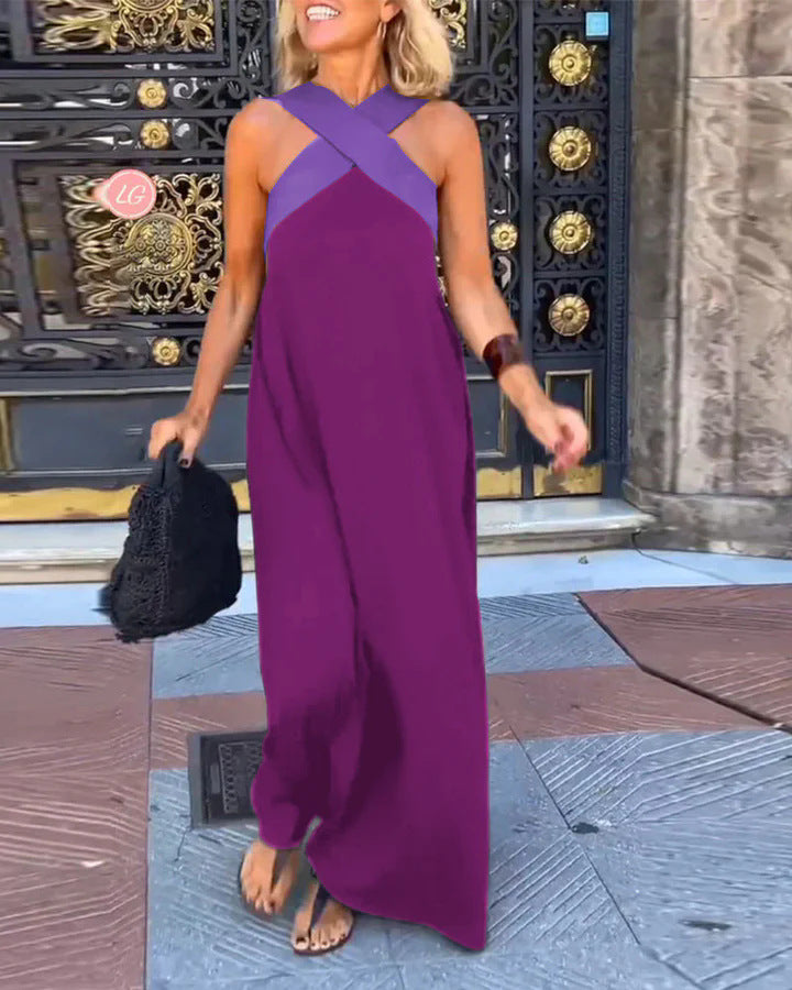 Delara | Two-Tone Crossover Halter Maxi Dress