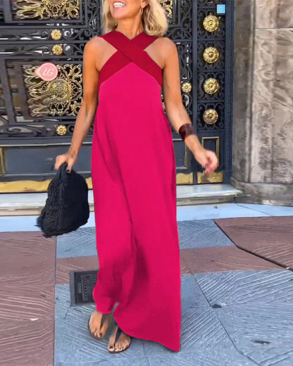 Delara | Two-Tone Crossover Halter Maxi Dress