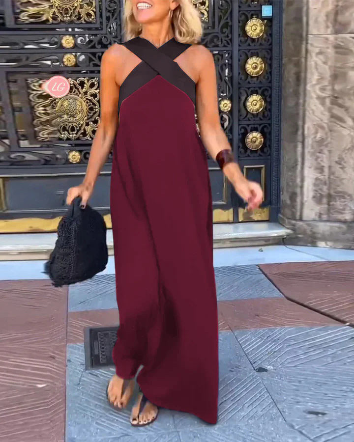 Delara | Two-Tone Crossover Halter Maxi Dress