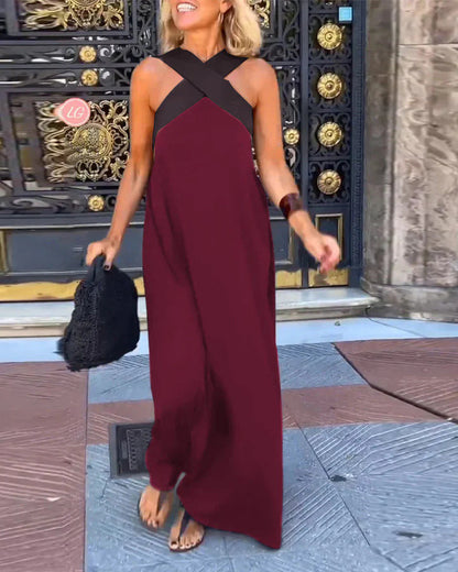 Delara | Two-Tone Crossover Halter Maxi Dress