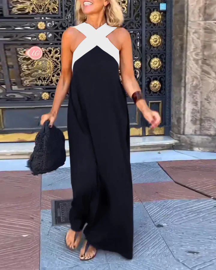 Delara | Two-Tone Crossover Halter Maxi Dress