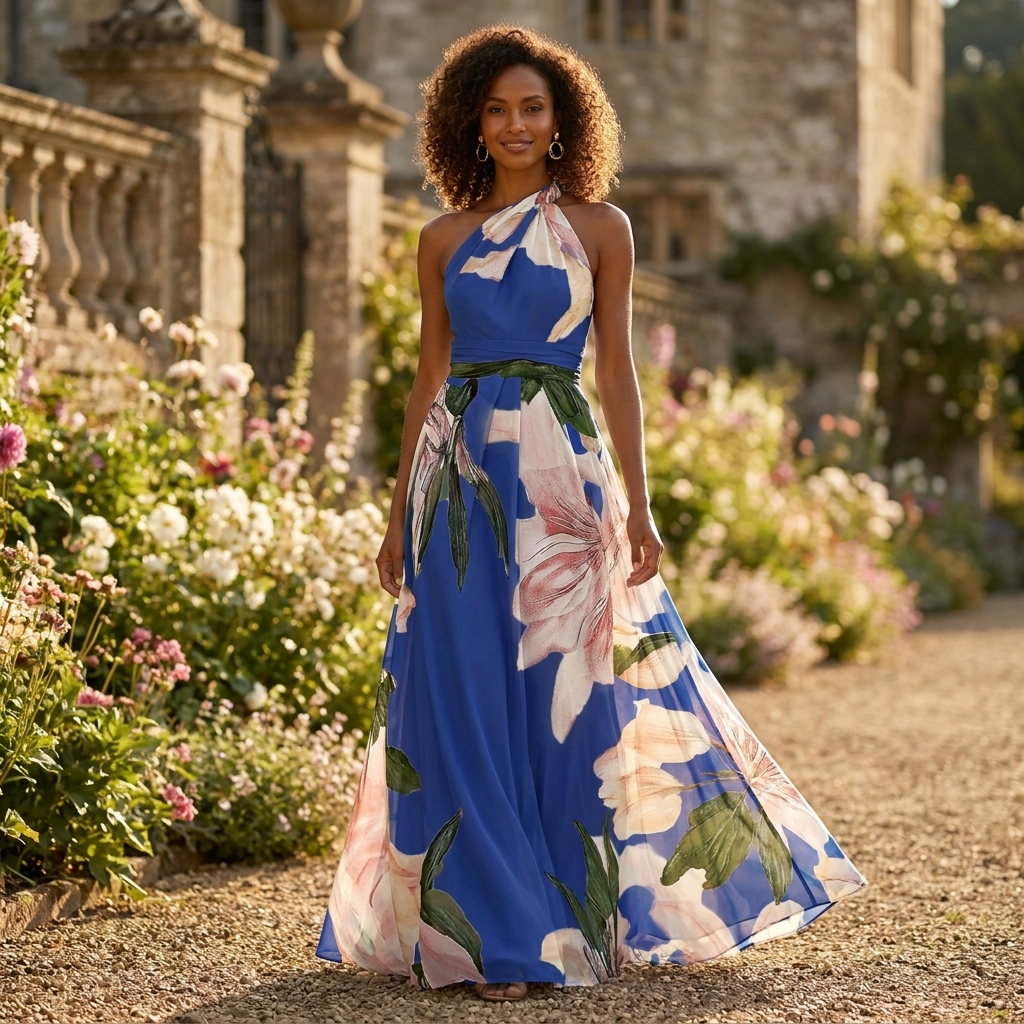 Printara | Printed Halter Asymmetric Occasion Maxi Dress