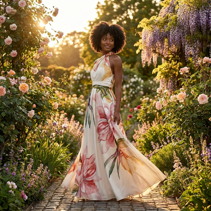 Printara | Printed Halter Asymmetric Occasion Maxi Dress
