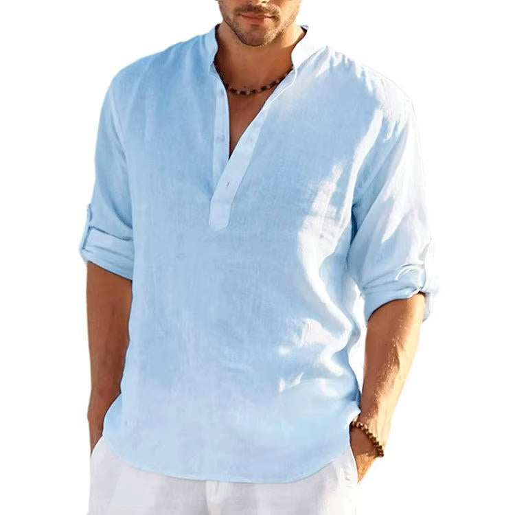 Men's Linen Henley Shirt Rolled Sleeves