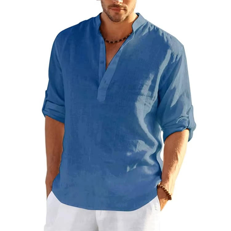 Men's Linen Henley Shirt Rolled Sleeves