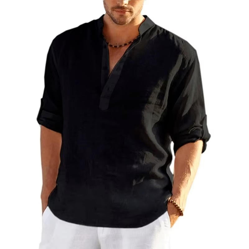 Men's Linen Henley Shirt Rolled Sleeves