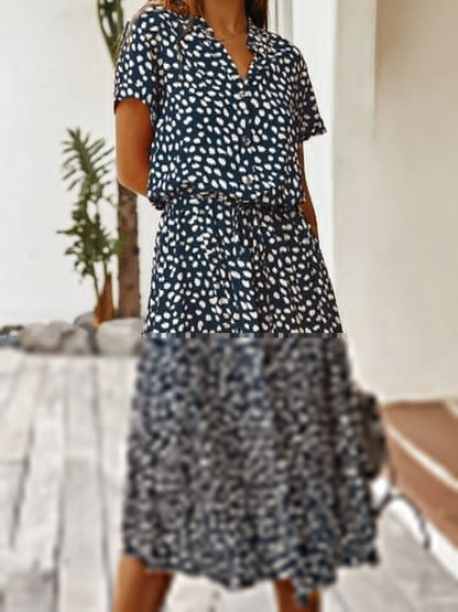 Summara | Printed Short Sleeve Adjustable Waist Casual Midi Dress