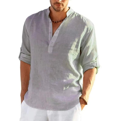 Men's Linen Henley Shirt Rolled Sleeves