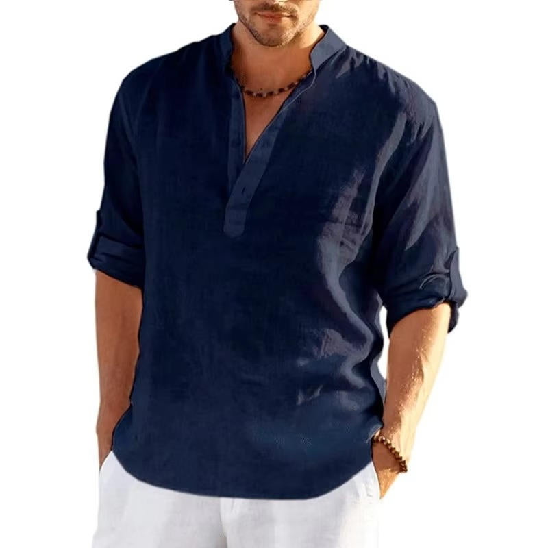 Men's Linen Henley Shirt Rolled Sleeves