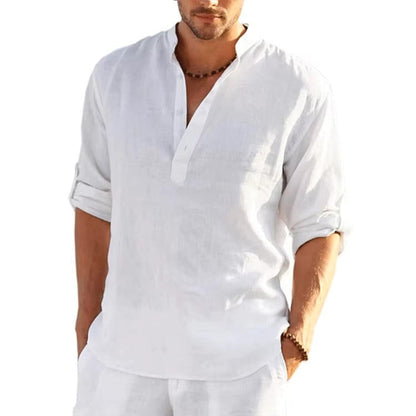Men's Linen Henley Shirt Rolled Sleeves