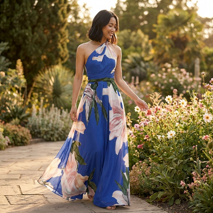 Printara | Printed Halter Asymmetric Occasion Maxi Dress
