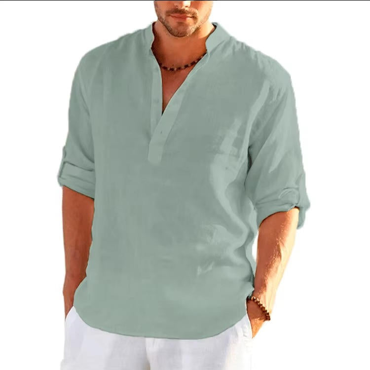 Men's Linen Henley Shirt Rolled Sleeves
