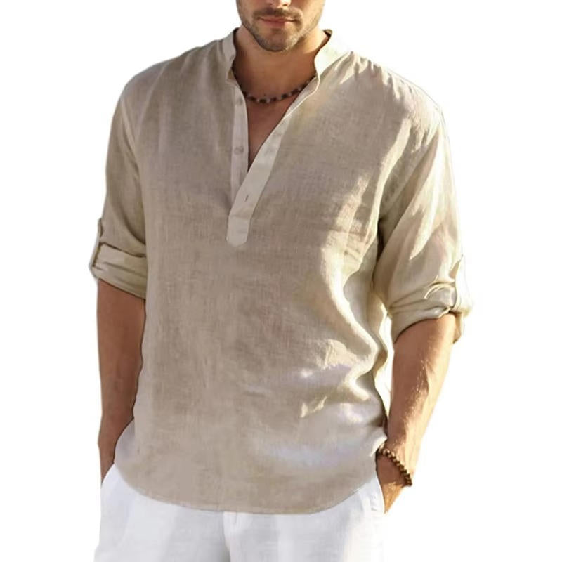 Men's Linen Henley Shirt Rolled Sleeves
