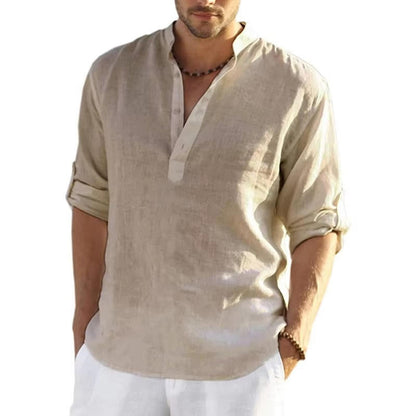 Men's Linen Henley Shirt Rolled Sleeves