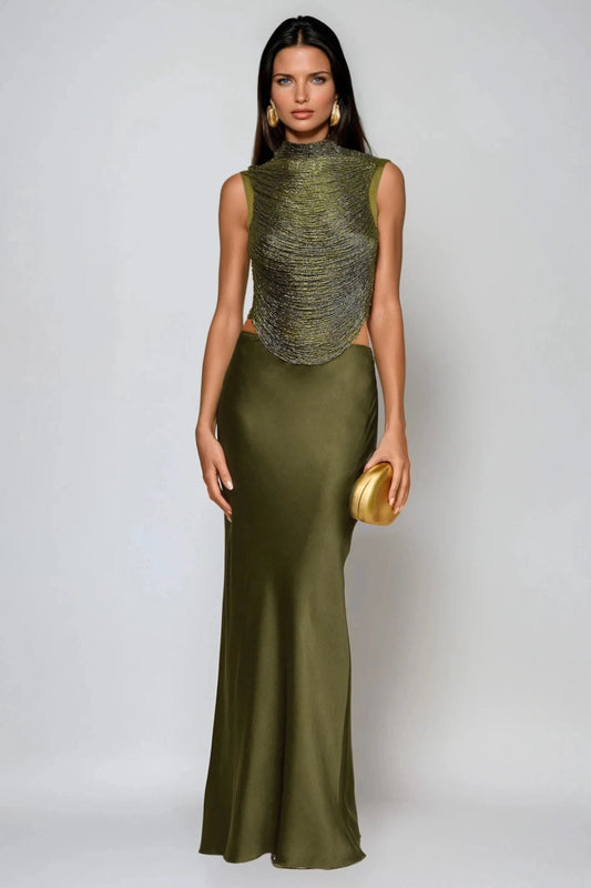 Satin Maxi Skirt and Draped High Neck Top Two-Piece Set